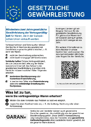 Gesetzliche Gewährleistung: Mindestens zwei Jahre gesetzliche Gewährleistung der Vertragsmäßigkeit für Waren, die in der Europäischen Union verkauft werden. Verbraucherinnen und Verbraucher können ihre Rechte geltend machen, z. B. wenn die Waren nicht der Beschreibung entsprechen oder nicht bestimmungsgemäß funktionieren. Verkäufer haften für jede Vertragswidrigkeit, die zum Zeitpunkt der Lieferung bestand und innerhalb des Gewährleistungszeitraums erkennbar wird, und müssen kostenlose Nachbesserung oder Ersatzlieferung, in bestimmten Fällen Preisminderung oder vollständige Erstattung des Kaufpreises anbieten. Was ist zu tun: 1. Melden Sie dem Verkäufer das Problem so bald wie möglich. 2. Legen Sie einen Kaufnachweis vor, z. B. die Quittung, Rechnung oder einen Kontoauszug. In einigen Ländern gilt ein längerer Zeitraum; für gebrauchte Waren kann ein kürzerer Zeitraum gelten, jedoch nicht weniger als ein Jahr. Weitere Informationen: europa.eu/youreurope/garantien